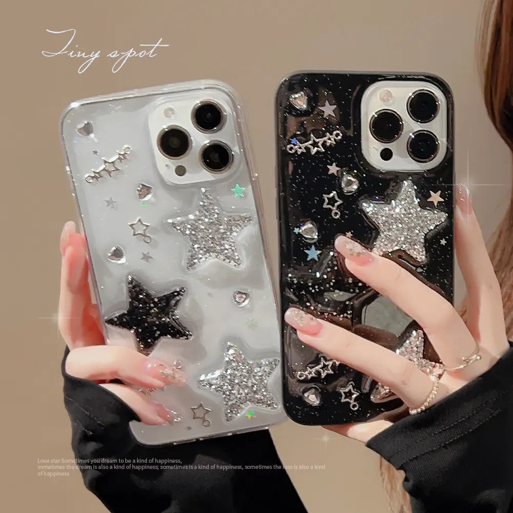 Black 3D Sparkling Pink Star Phone Case For iPhone 15 14 13 12 11 Pro Max X XR XSMAX 7 8 Plus SE TPU Case Cover New Products [PHC]