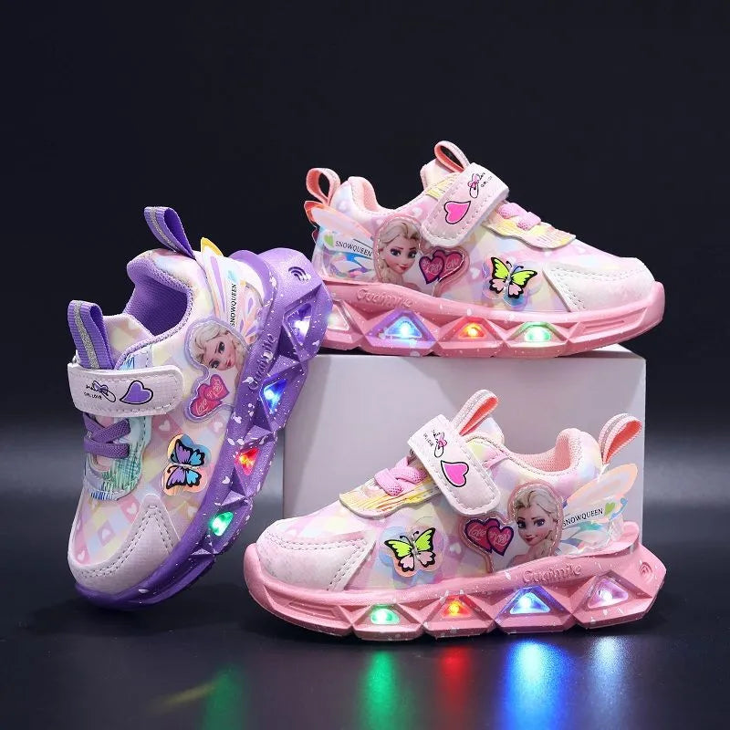 Disney LED Casual Sneakers For Spring Girls Frozen Elsa Princess Print Pu Leather Shoes Children Lighted Non-slip Pink Purple [SHO]