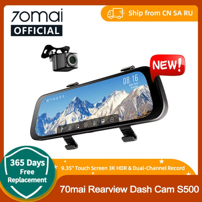 70mai Rearview Dash Cam S500 9.35'' Touch Screen 70mai S500 Car DVR 3K Super Capacitor Dual-Channel HDR Voice Control 24H Park [CAR]