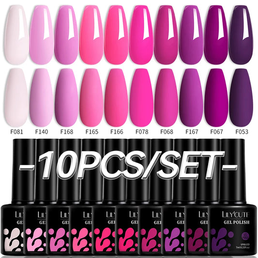 10PCS/Set Gel Nail Polish Set Pink Purple Nail Gel Semi Permanent UV LED Varnish Nail Art Design Soak Off Nail Gel Set [BEU]