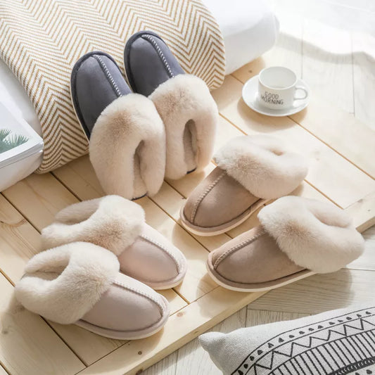 2023 Winter Warm Home Fur Slippers Women Luxury Faux Suede Plush Couple Cotton Shoes Indoor Bedroom Flat Heels Fluffy Slippers [SHO]