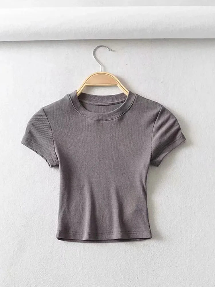 Summer Sexy Women O-neck Short-sleeve T-shirt Slim Elastic Skinny Crop Tops [TSH]