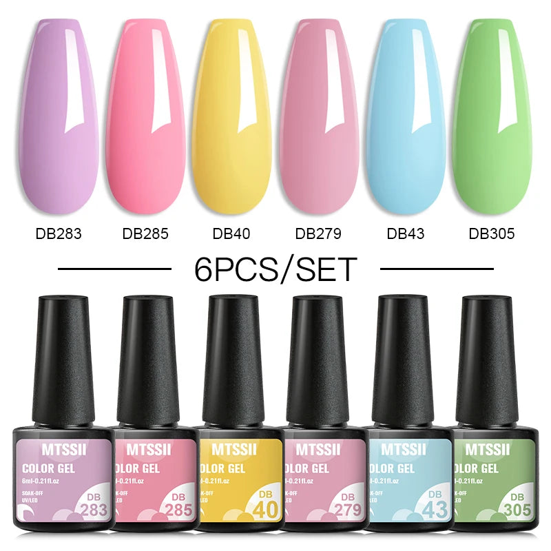 2/6Pcs/Set Macaron Gel Nail Polish Set Spring Summer Candy Colors UV LED Nail Art Gel Semi Permanent Varnish Base Top Coat Kits [BEU]