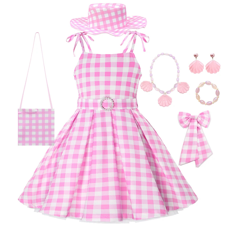 Girls Movie Princess Dress Cosplay Costume Pink Plaid Beach Barbi Outfit Birthday Halloween Party Kids Dress [COS]