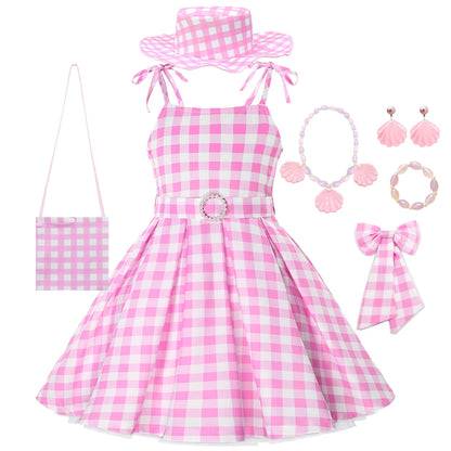 Girls Movie Princess Dress Cosplay Costume Pink Plaid Beach Barbi Outfit Birthday Halloween Party Kids Dress [COS]