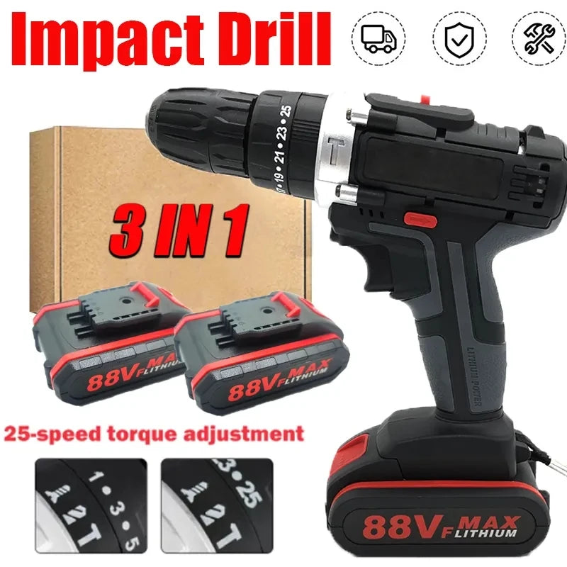 3 IN 1 Wireless Electric Screwdriver Drill 25Nm Rechargeable Battery Drill Cordless Electric Impact Drill Machine DIY Power Tool [PTO]