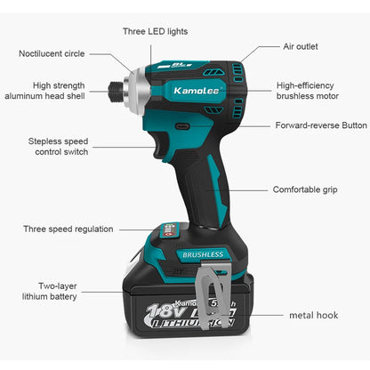 Kamolee 588Nm Cordless Electric Impact Brushless Wrench 5 Speed Screwdriver Power Tool 1/4" with 3 LED Light for Makita Battery [PTO]