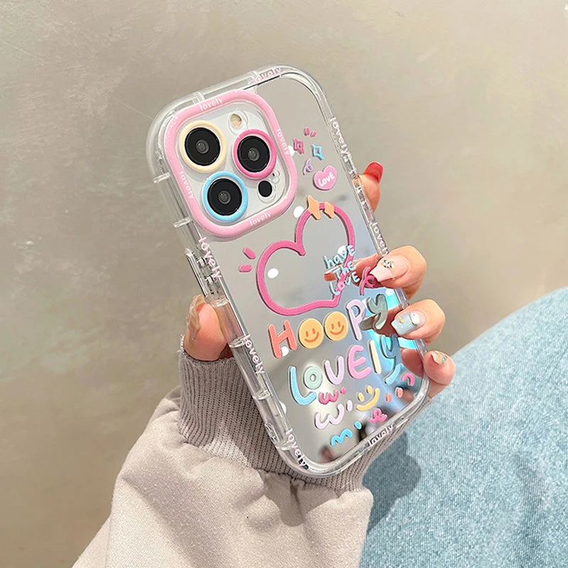 Lovely Girl Heart Mirror Phone Case For iPhone 11 12 13 14 15 Pro Max Shockproof Back Cover [PHC]