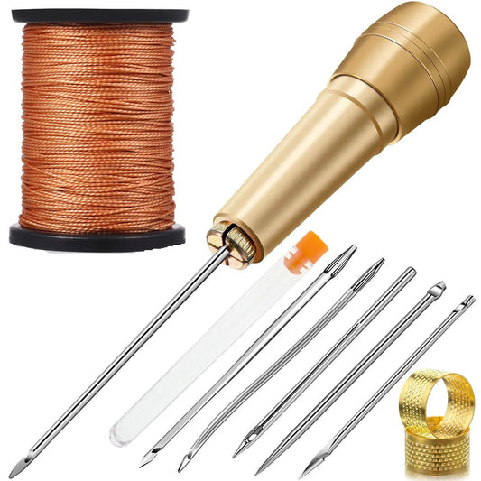 Leather Sewing Kit DIY Leather Sewing Awl Needle with Copper Handle Set Leather Canvas Tent Shoes Repairing Tool Nylon Thread [SHO]