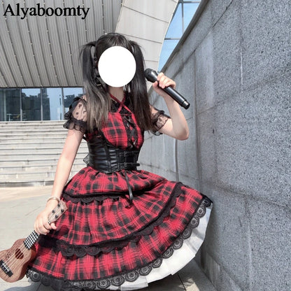 Japanese Harajuku Summer Women Streetwear Sundress Suspenders Red Plaid Bandage Dress Gothic Layered Lace Ruffles Lolita Dress [LOL]