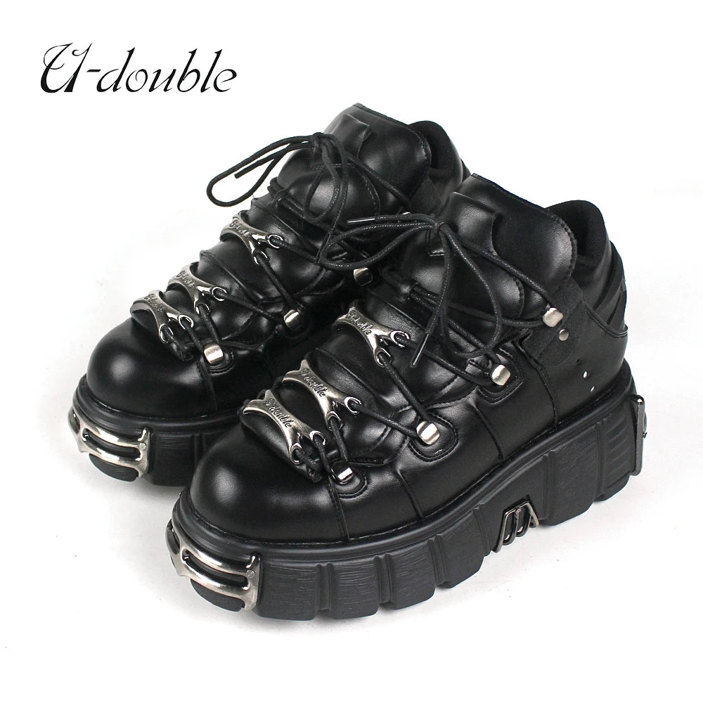 2023 NEW Punk Style Women Shoes Lace-up heel height 6CM Platform Shoes Woman Gothic Ankle Rock Boots Metal Decor Woman Sneakers [SHO]