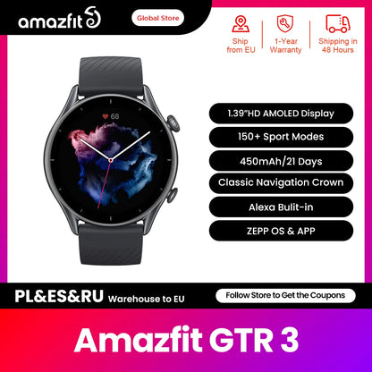 New Amazfit GTR 3 GTR3 GTR-3 Smartwatch Alexa Built-in Health Monitoring 1.39" AMOLED Display Smart Watch for Android IOS Phone [SWH]