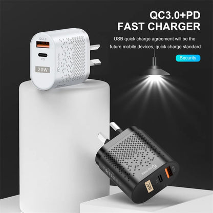 USLION QC3.0 3A PD20W Fast Charger For iPhone 14 11 Wall USB Charger AU Plug Adapter for Samsung Huawei Mi Mobile Phone Charger [MOB]