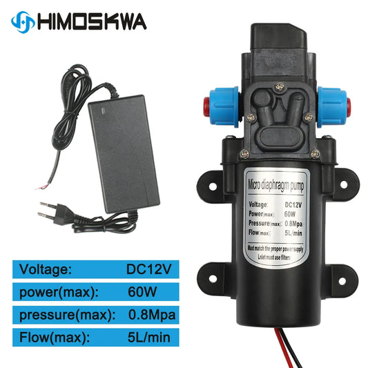 DC 12V 60W Micro Electric Diaphragm Water Pump Automatic Switch 5L/min High-Pressure Car Washing Spray Water Pump 0.8Mpa 5L/min [PUM]