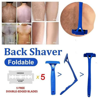 Long Handle Folding Shaver for Men Body Back Hair Trimmer Body Leg Razor Shaver Hair Removal Tool with 5Pcs Replaceable Blades [HAI]