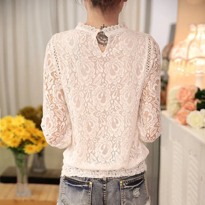 Spring Autumn New Ladies White Blusas Women's Long Sleeve Chiffon Lace Crochet Tops Blouses Women Clothing Feminine Blouse 51C [WOM]