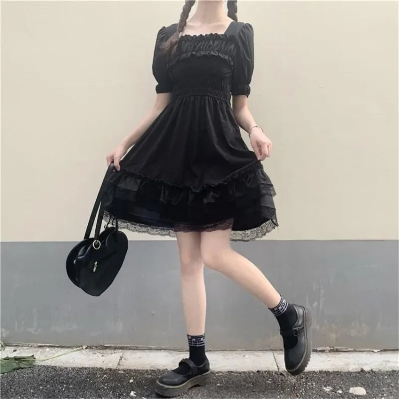 Japanese Lolita Style Women Princess Black Mini Dress Slash Neck High Waist Gothic Dress Puff Sleeve Lace Ruffles Party Dresses [LOL]