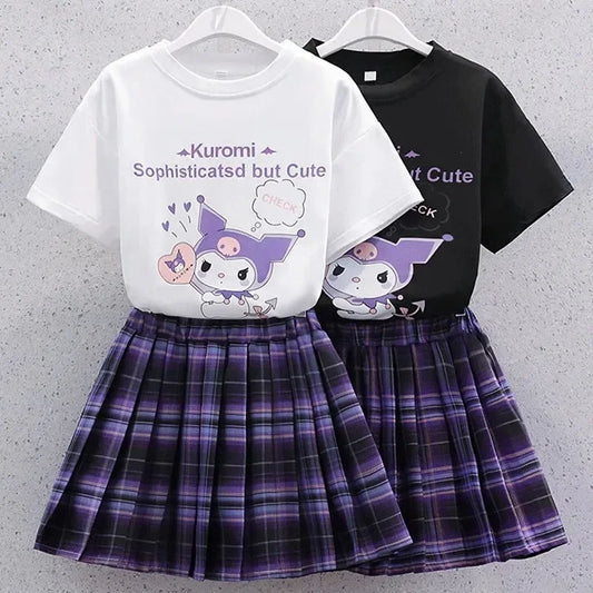 Sanrio Kuromi Kawaii Girls College Style T-shirt Skirt Suit Summer Clothes New Girl Suit Children's Clothes Style Pleated Skirt [TSH]