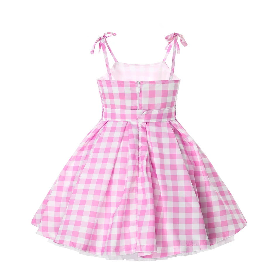 Girls Movie Princess Dress Cosplay Costume Pink Plaid Beach Barbi Outfit Birthday Halloween Party Kids Dress [COS]