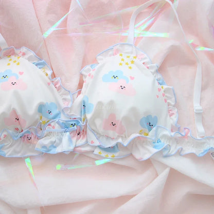 Cute Japanese Lingerie Bra & Panties Set Wirefree Soft Underwear Sleep Intimates Set Kawaii Lolita Color White Bra and Panty Set