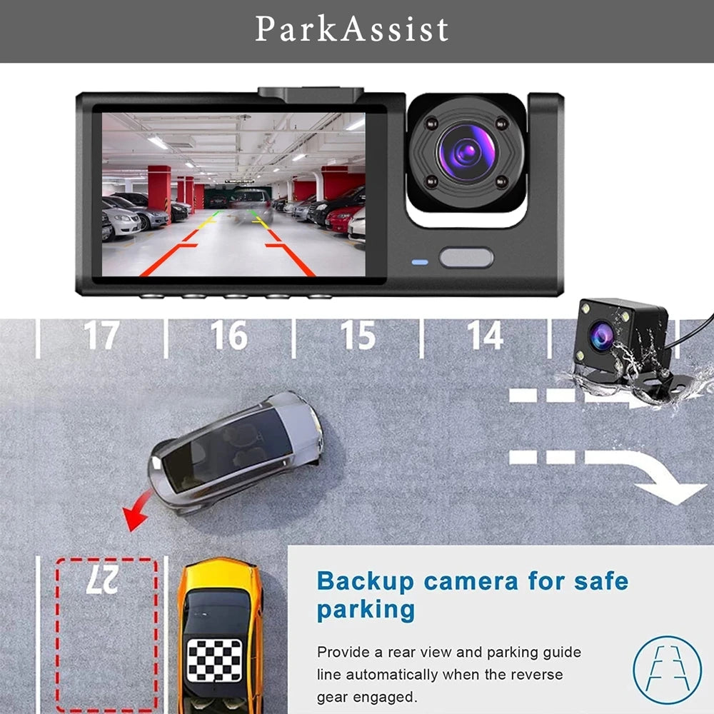 3 Channel Dash Cam Video Recorder Three Lens Car Camera with Rear View DVR 24H Parking Monitor Black Box [CAR]