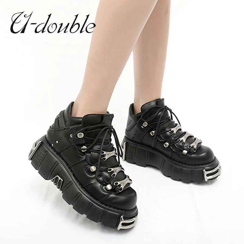 2023 NEW Punk Style Women Shoes Lace-up heel height 6CM Platform Shoes Woman Gothic Ankle Rock Boots Metal Decor Woman Sneakers [SHO]