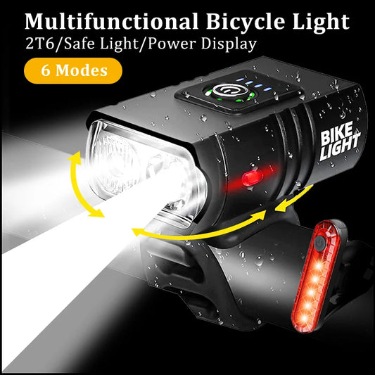 Bicycle Light 2T6 LED Front USB Rechargeable MTB Mountain Bicycle Lamp 1000LM Bike Headlight Flashlight Cycling Accessories Tail [CYC]