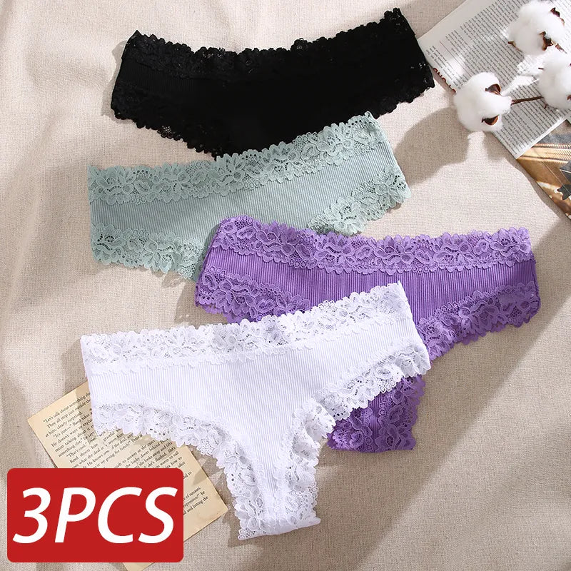 3PCS Lace Seamless Cotton Panties Ribbed Brazilian Pants Low Waist Women Panties Breathable Girls Underwear Plus Size Lingerie [UND]