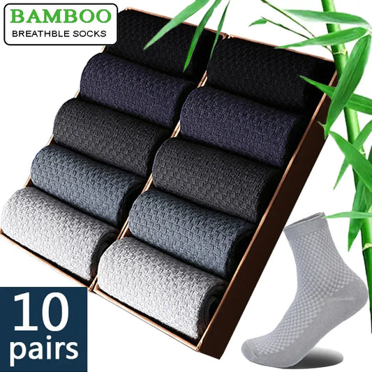 10 Pairs/Lot Men's Bamboo Fiber Socks 2023 New Compression Autumn Long Black Business Casual Man Dress Sock Gift Plus Size 42-45 [SOX]