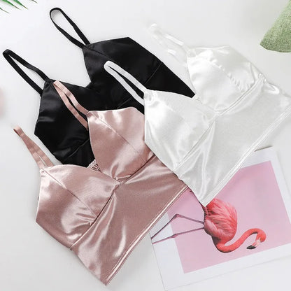 Sexy Satin Crop Tops Women Wireless Bralette Crochet Top Female Spaghetti Strap T-shirt Cropped With Chest Padded Camisole Camis [TSH]