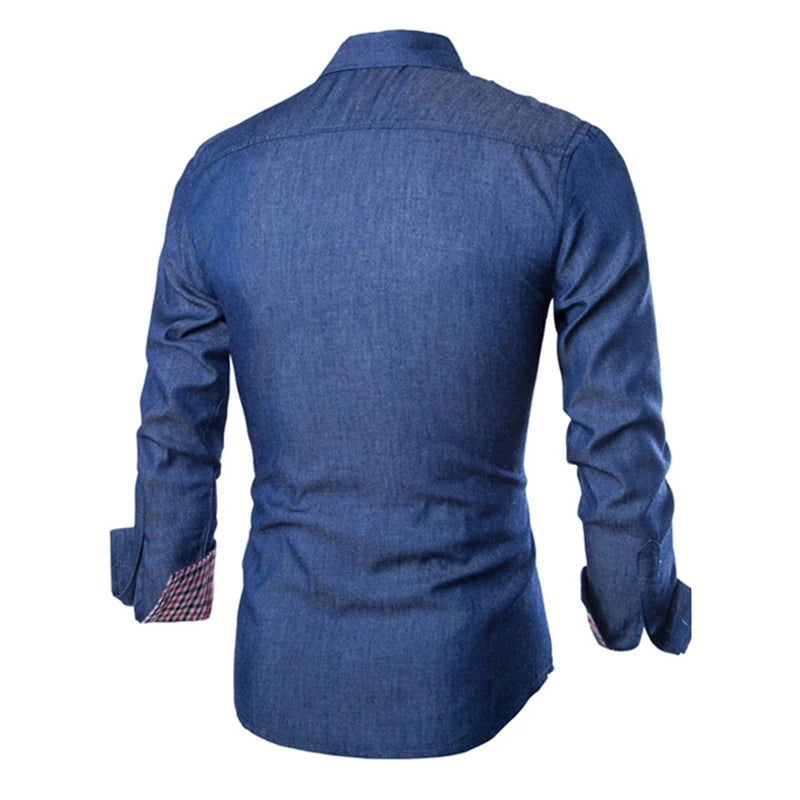 Men Denim Shirts Long Sleeve Men Dress Shirt Fashion Slim Fit Style Navy Blue Jeans Male Shirt Longsleeve Shirt For Men [MEN]