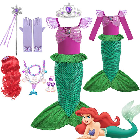 Disney Little Mermaid Ariel Princess Dress For Girls Short Sleeve Tulle Cosplay Costume Children Carnival Birthday Party Clothes [COS]