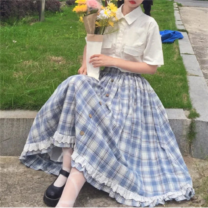 Japanese Lolita Style Women Skirt High Waist Vintage Plaid Buttons Skirt Elegant Ruffles Cute Kawaii Midi Self-Made Cotton Skirt [LOL]