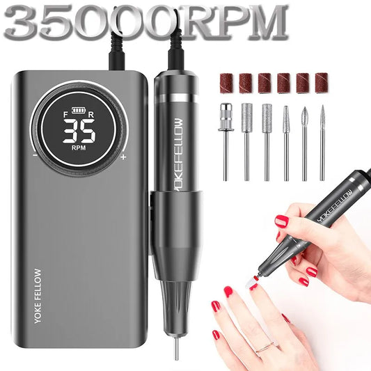 YOKEFELLOW Professional Nail Drill Machine Kit 35000RPM Rechargeable Portable Electric Nail File for Manicure Acrylic Gel Nails [BEU]