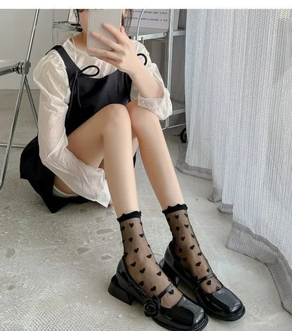 Women Sexy Ruffled Love Heart Pattern Thin Long Socks JK Uniform Lolita Sweet Glass Fiber Transparent Ins Style Black Lace Socks [SOX]