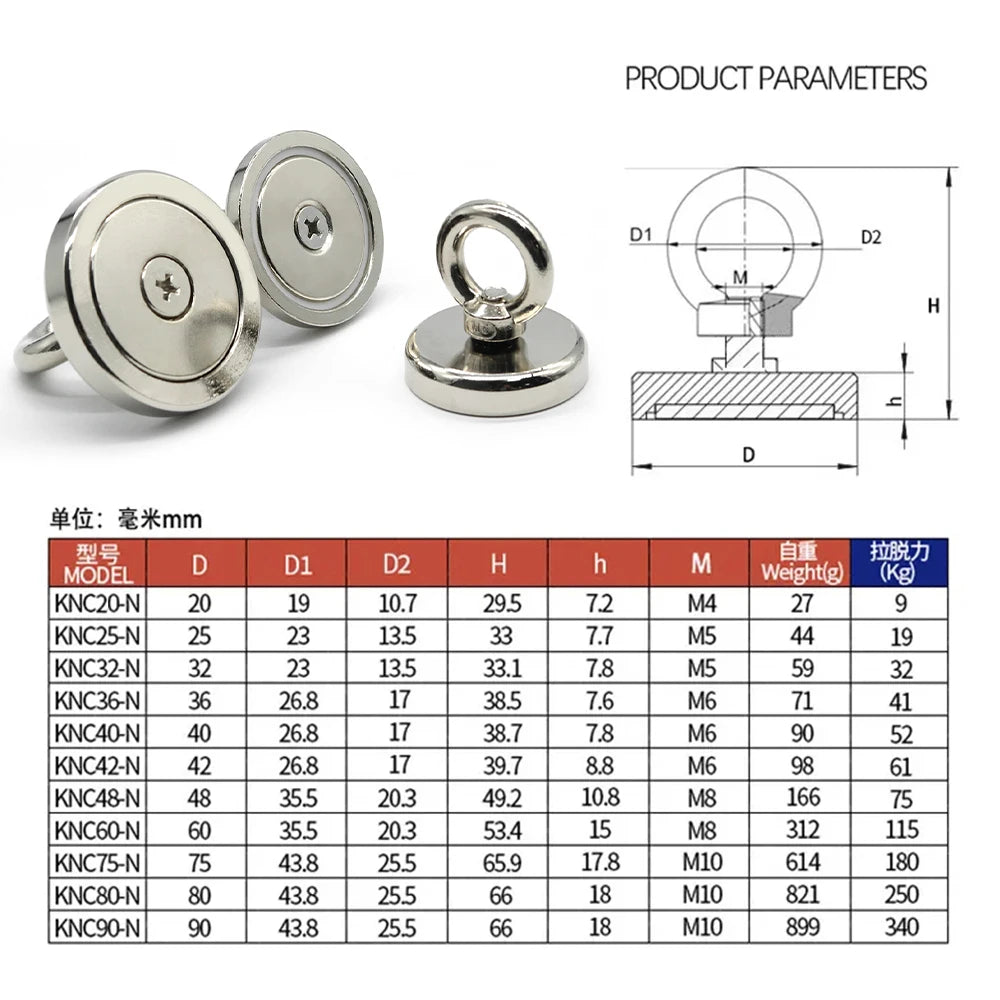 N52 Heavy Duty Search Magnets Strong Neodymium Magnet Salvage Magnet Deep Sea Fishing Magnets Mounting with Ring Eyebolt [MAG]