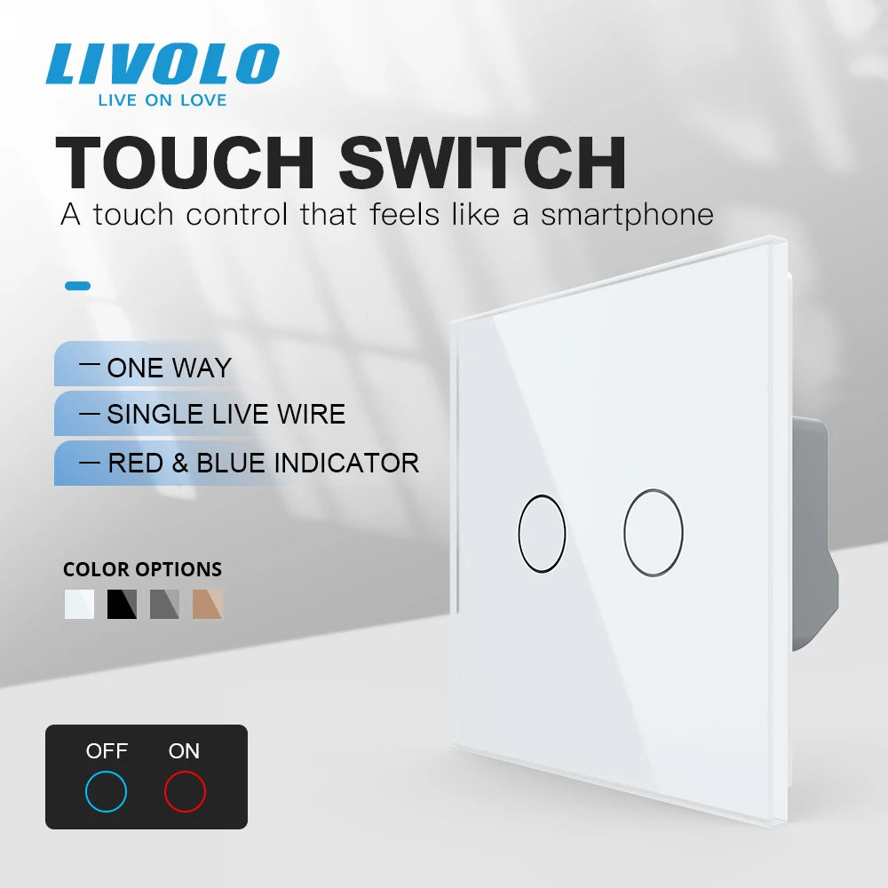 Livolo EU Standard 2 Gang 1 Way Wall Touch Light Switch,Wall Power Sensor Switch,4Colors Crystal Glass Panel,with led Backlight [HOM]