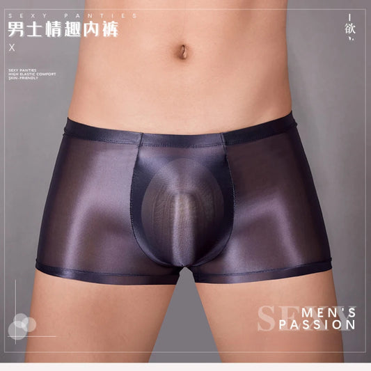 Oil Shiny Glossy Mesh Underwear Men Transparent Boxer Briefs See Through Smooth Underpants Gay Sissy Erotic Lingerie Porn Panty [GRM] [UND]