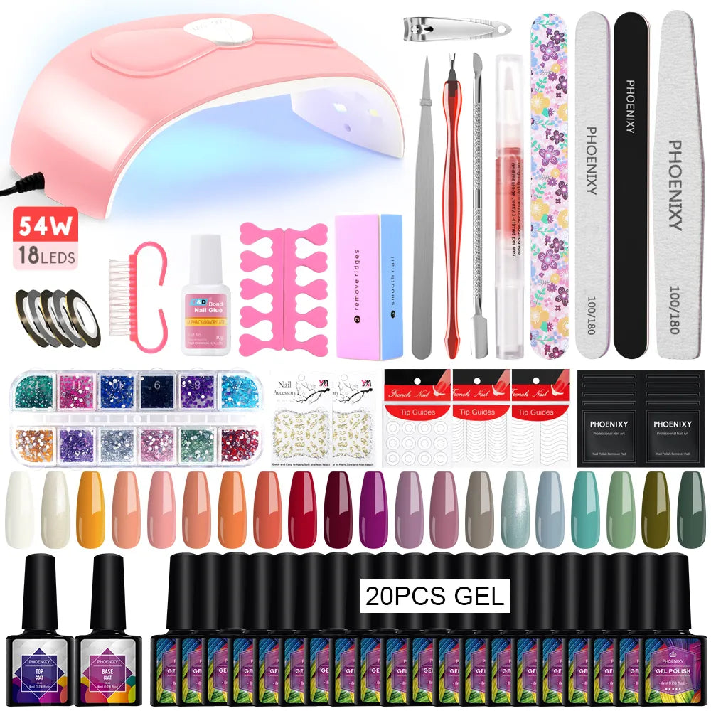 Gel Nail Polish Set with 54W UV LED Lamp Poly Nail Gel Kit Quick Building UV Varnishes Semi Permanent Gel Manicure Art Tools Set [BEU]