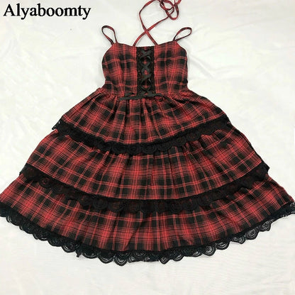 Japanese Harajuku Summer Women Streetwear Sundress Suspenders Red Plaid Bandage Dress Gothic Layered Lace Ruffles Lolita Dress [LOL]