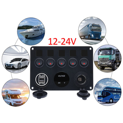 LED Rocker Switch Panel With Digital Voltmeter Dual USB Port 12V Outlet Combination Waterproof Switches For Car Marine Boat [MRN]