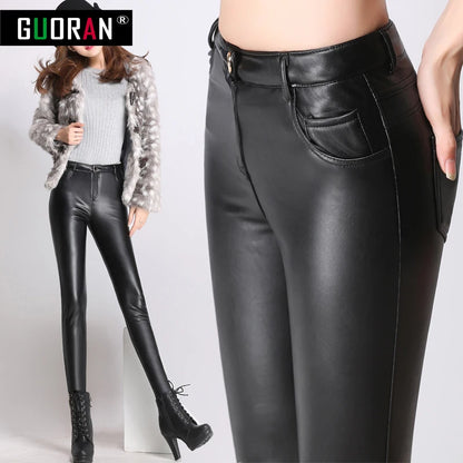 Causal women leather pants high waist skinny warm thicken patchwork office pencil pants female trousers leggings clothe 4XL [WOM]