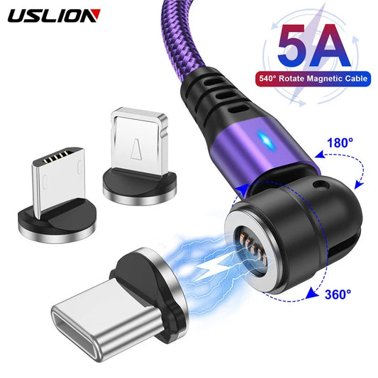 USLION 540 Rotate 5A Magnetic Cable Fast Charging Micro USB Type C Cable For iPhone Xiaomi Magnet Charger Wire Cord USB Cable [MOB]