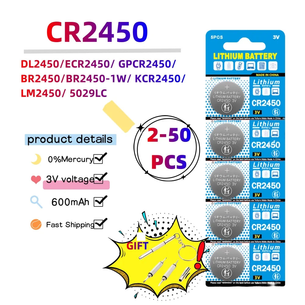 3V CR2450 Button Batteries CR 2450 5029LC LM2450 DL2450 CR2450N BR2450 600mAh Lithium Cell Coin Watch Battery [BAT]