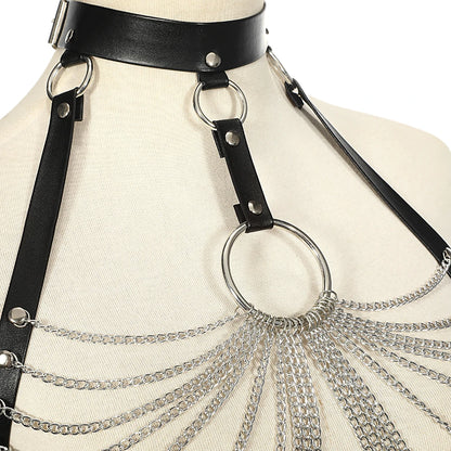 Goth Leather Body Harness Chain Bra Top Chest Waist Belt Witch Gothic Punk Fashion Metal Girl Festival Jewelry Accessories [GRM] [UND]