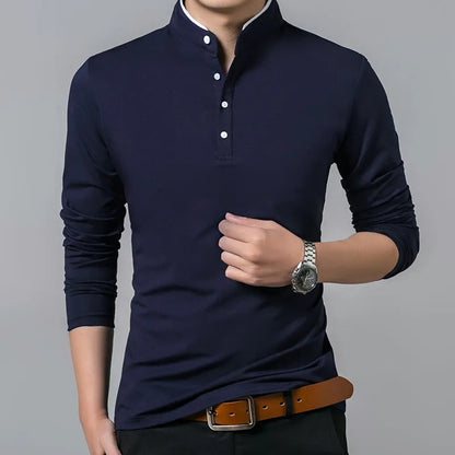 Men's Business Casual Polo Long Sleeve T-shirt Summer Comfortable and Breathable Solid Cotton Top [TSH]