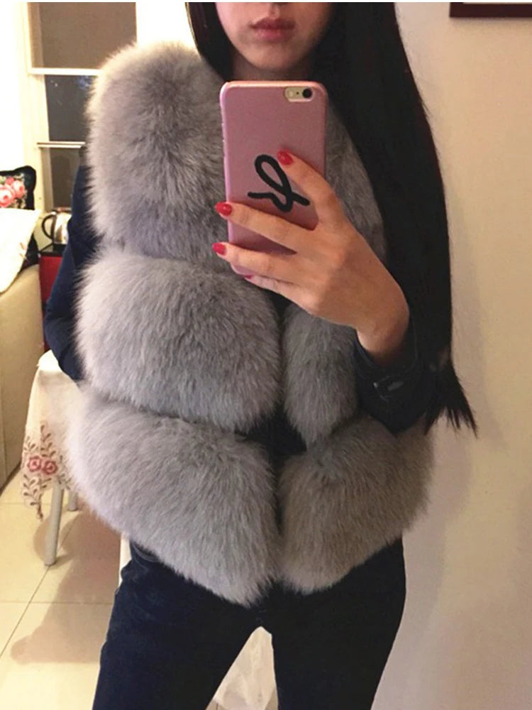 ZADORIN 3XL Autumn Winter Thick Warm Faux Fox Fur Vest Women High-Quality Fashion V-Neck Short Fur Coat Female Fur Waistcoat [WOM]