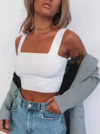 Square Neck Sleeveless Summer Crop Top White Women Black Casual Basic T Shirt Off Shoulder Cami Sexy Backless Tank Top [TSH]