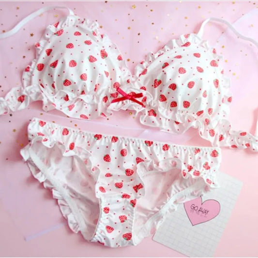 Strawberry / Print Japanese Milk Silk Bra & Panties Set Wirefree Soft Underwear Intimates Set Kawaii Lolita Bra and Panty Set [LOL]