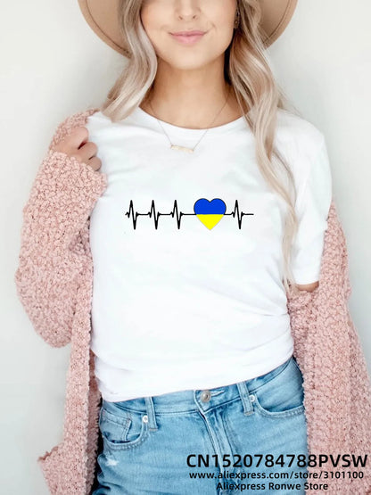 Heartbeat Blue Yellow Women Print T-shirt Girl Y2K Short Sleeve Tee Tops Lady 90S Sweatshirts Female Harajuku Clothing [TSH]